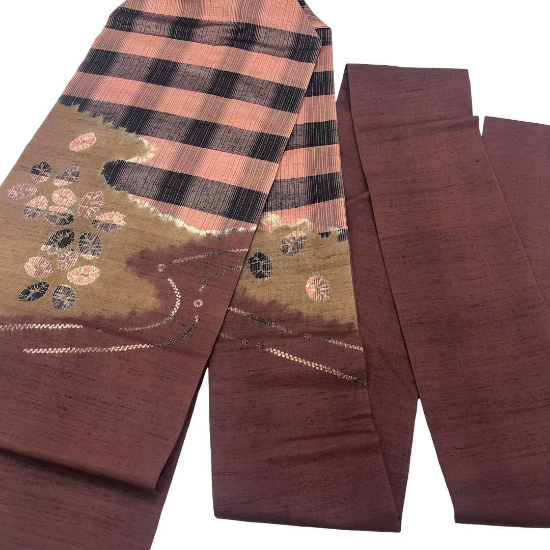 名古屋帯 絞りの花柄模様 紬 チェック柄 濃茶色 O-4118 | リユース着物  