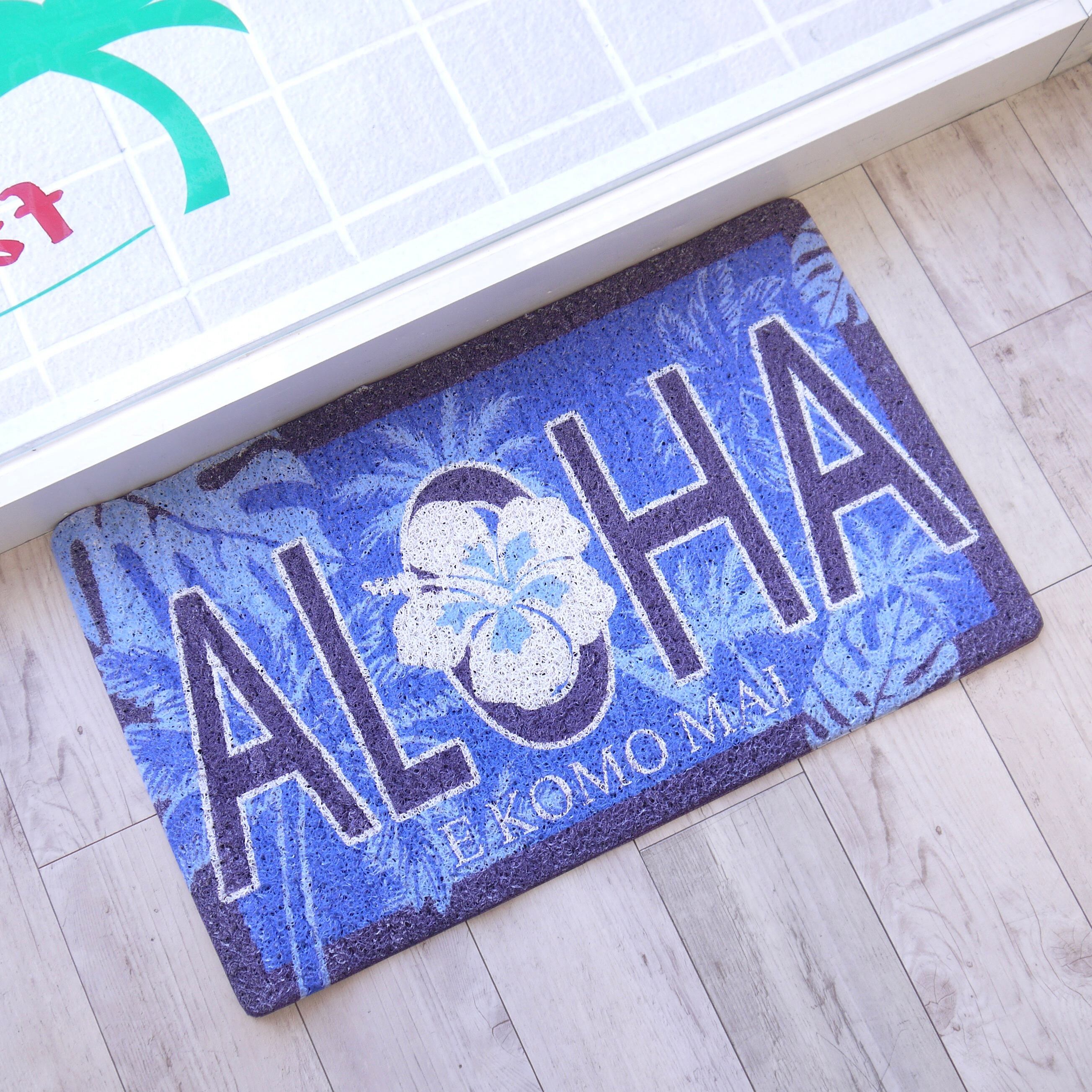 ★ハワイアン雑貨★ウォッシャブルエントランスマット/マイカイマット/屋内屋外兼用マット/ハイビスカス<ネイビー PALM TREE>