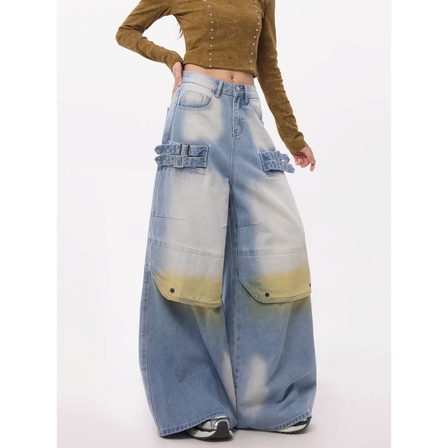 ダブルバックルフェードグラデーションルーズデニムパンツ 1col   R01873