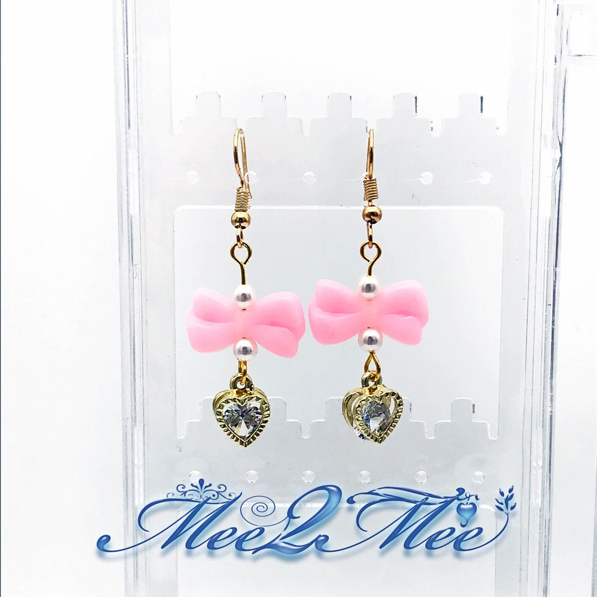 mee2mee】”パステルピンクリボン＆キラキラハート” ピアス/イヤリング 
