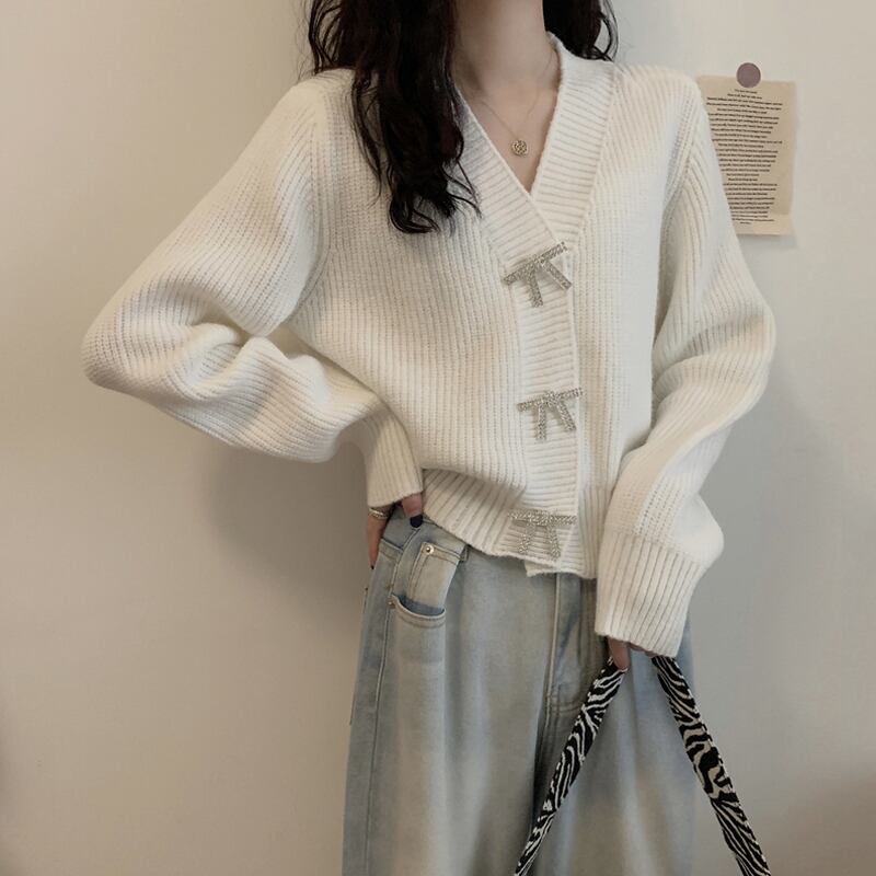 スプリングレッドリボンVネックショートカーディガンセーター レディース 春物 試着室19573371782