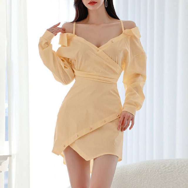 ワンピース セクシー デザイン感 シャツワンピース イエロー S M L XL