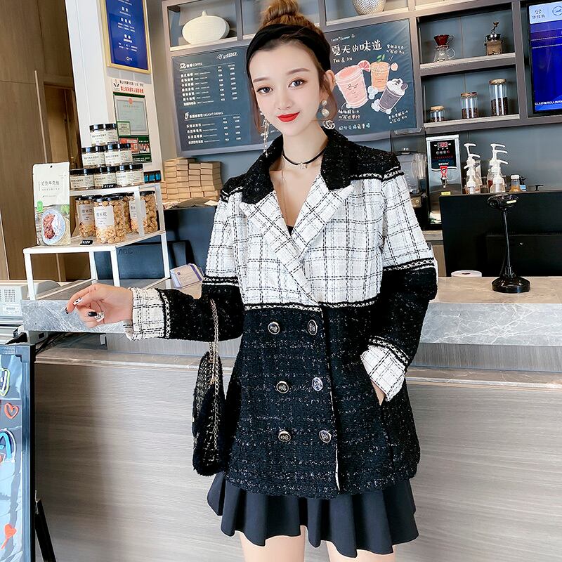 2020秋の新しい大きなサイズのラペルジャケット女性脂肪mmバージョン緩いイン流行の薄いチェック柄のトップ200 kg ミックスインファッション86611208185