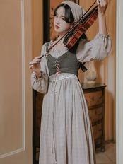 【0120】2sets Check Retro Long Sleeve Dress