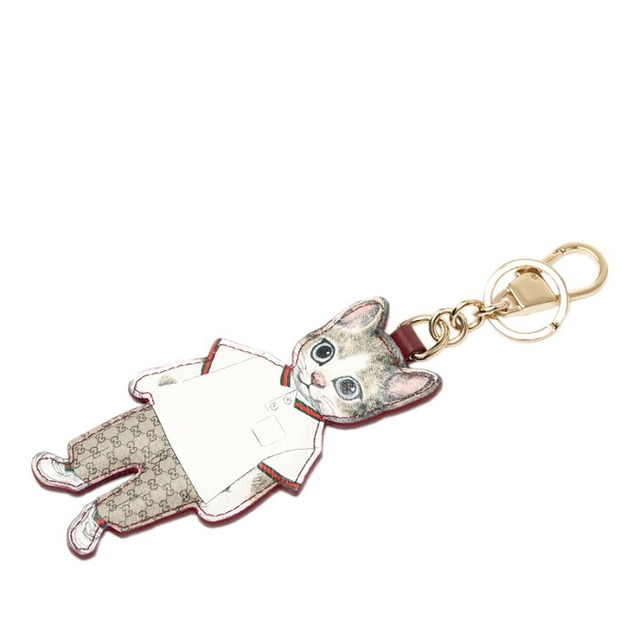 グッチ ×ヒグチユウコ BORIS ボリス 猫 チャーム キーホルダー ベージュ ホワイト PVC レザー メッキ レディース GUCCI 【中古】