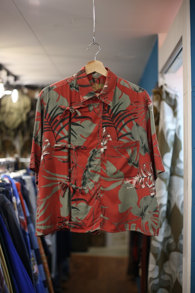 “Asymmetry front & short custom” dark red silk aloha shirt
