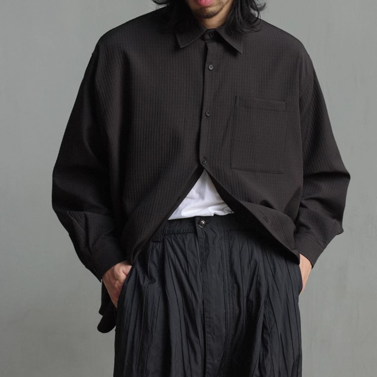 テクスチャー ルーズ 長袖シャツ 4カラー A1013