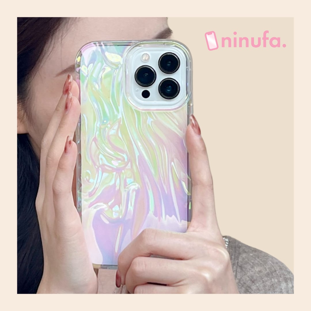 【iPhone17-11対応】角度によって変わる!偏光オーロラケース◎美しい クリアケース しわ加工 韓国 貝殻デザイン レインボー 透明 スマホケース ND-16619