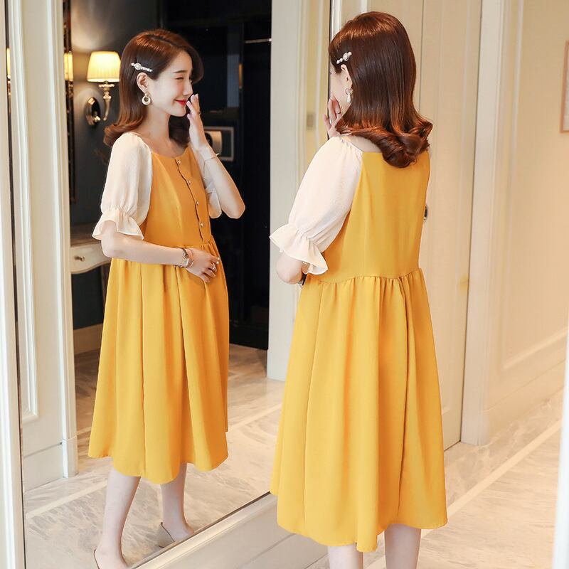 【新作】【送料無料】 マタニティウェア2020夏の新しいシフォンステッチルーズエイジリダクションドレスミドル丈マタニティドレス-アリババ サマー 夏物 expec247284040463