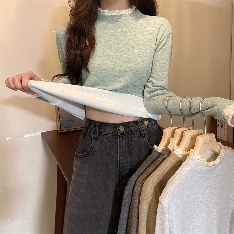 Tシャツ シャツ オータムウィンタースタイルレースベルベットカラートップス 秋物 冬物 1号婦人62150393343