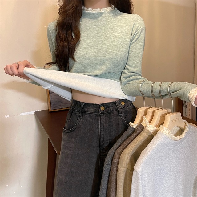 Tシャツ シャツ オータムウィンタースタイルレースベルベットカラートップス 秋物 冬物 1号婦人62150393343