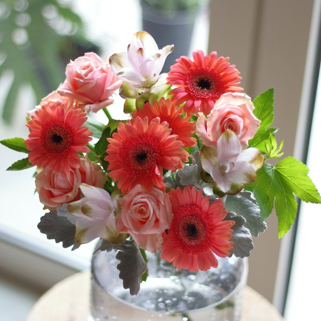 たっぷりガーベラとバラのコンパクトブーケ｜誕生日・出産祝い・お手軽