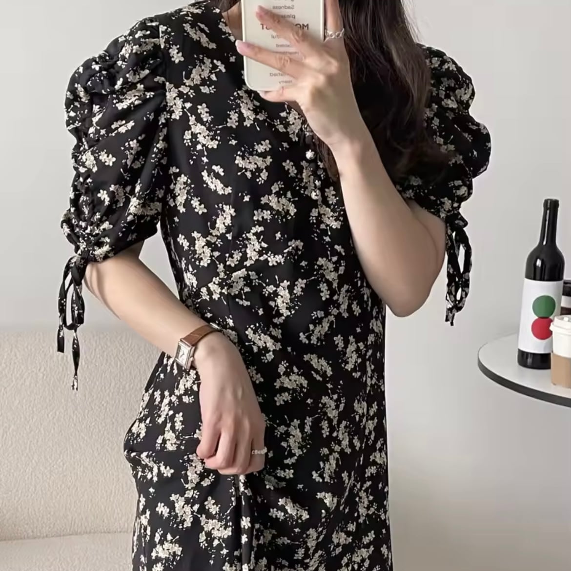 ギャザースリーブフラワーワンピース