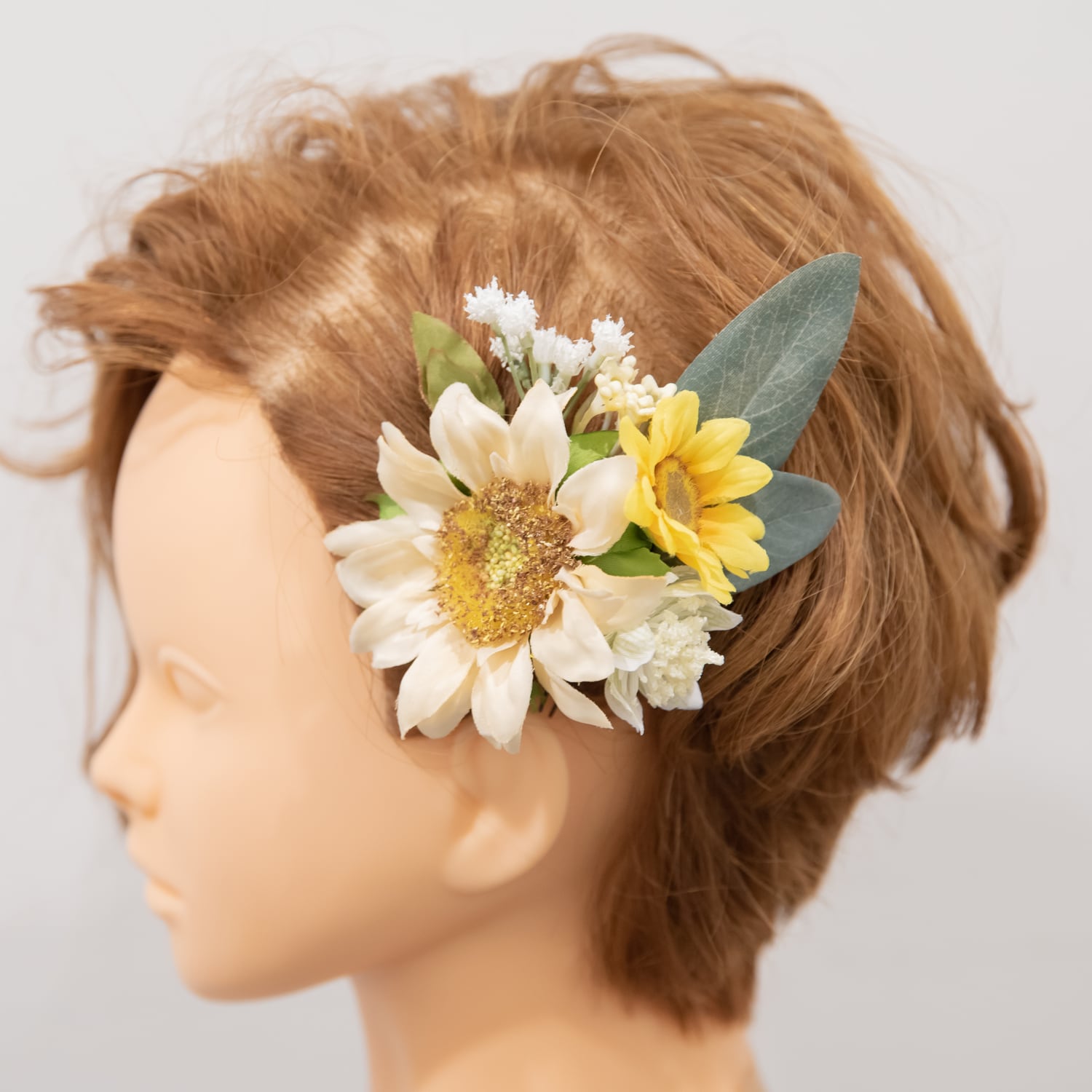 【ショートヘアーやベリーショートの花嫁様に】夏の向日葵のヘッドドレスD　アーティフィシャルフラワー（ひまわり）のヘッドパーツ　Loufreasy wedding（ラフリジーウェディング）