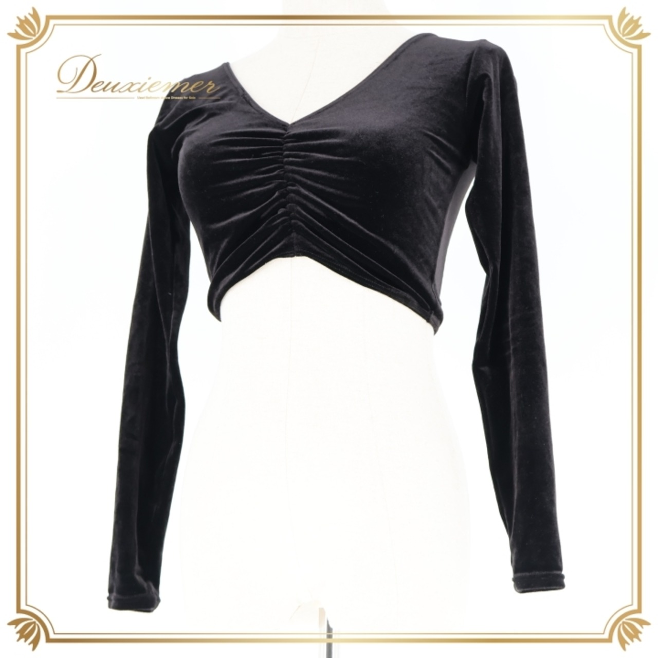 社交ダンス 衣装 トップス ブラウス ブラック系 チャコット Chacott 黒 日本製 ベロア ショート丈 長袖 練習 レッスン 伸縮 ストレッチ 無地 シンプル 上品 短め かわいい 光沢 高級感 ダンス衣装 イベント ステージ パーティー オールブラック