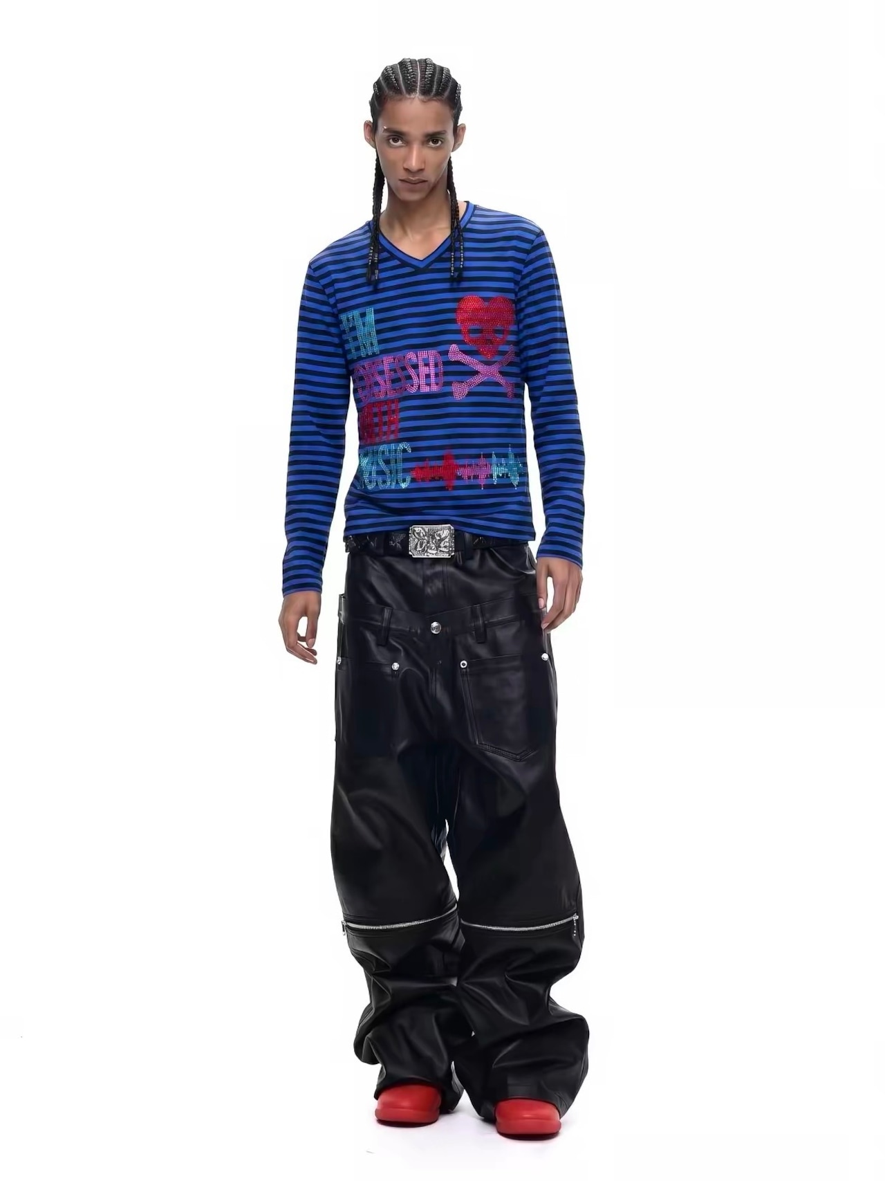 【Fourth3ex】Rhinestone Skull Stripe V-Neck L/S Tee