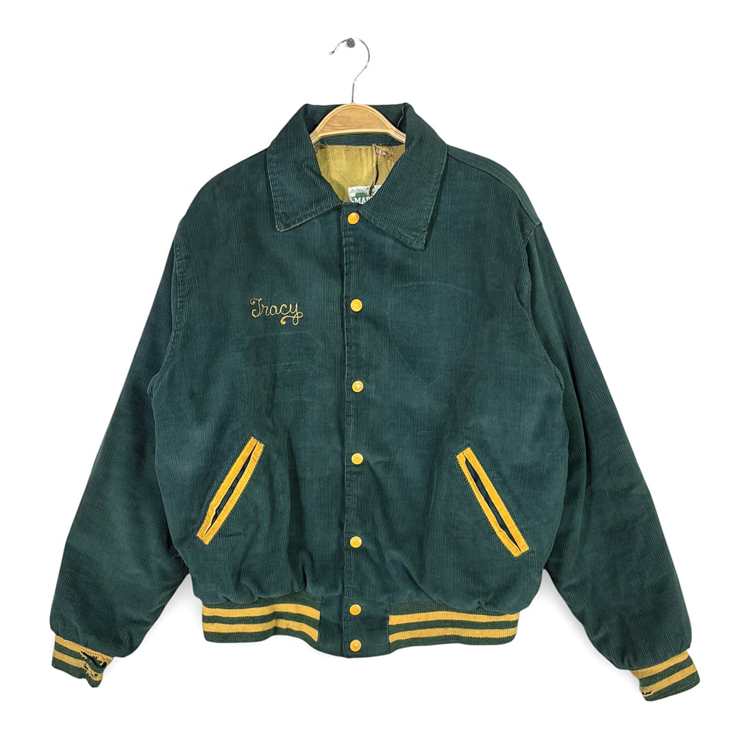 70s メイプル ヴィンテージ スタジャン アワードジャケット チェーンステッチ刺繡 コーデュロイ 深緑 MAPLE サイズL 古着 DZ0795