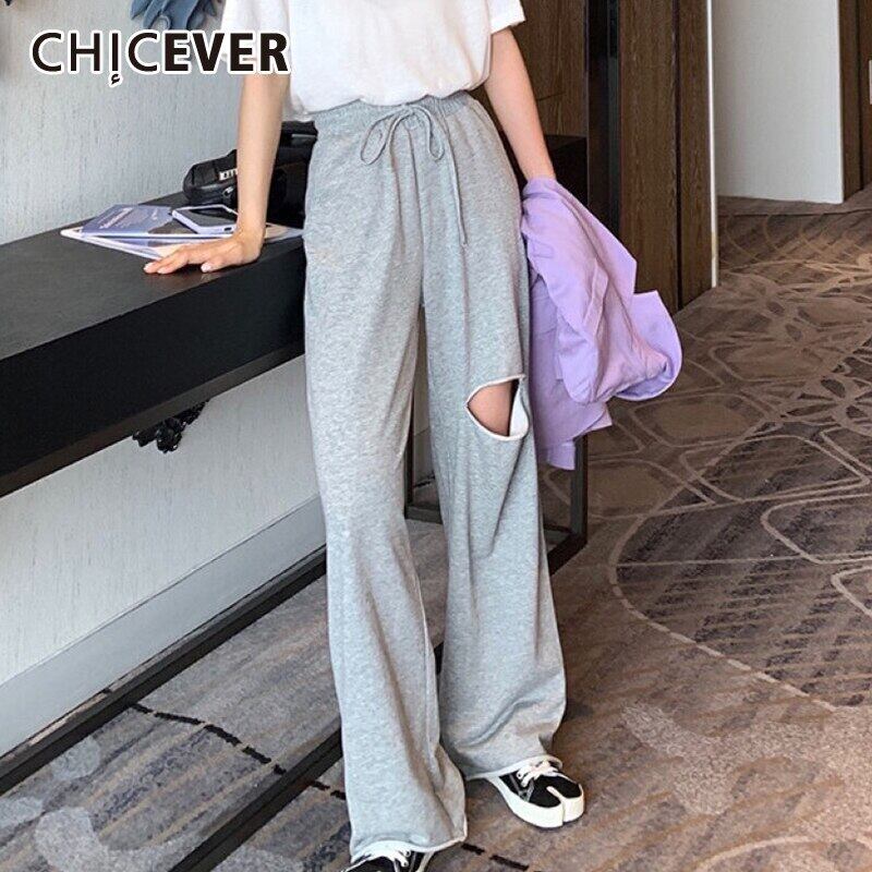 CHICEVERレディースズボンウエストポケットレースアップホール蝶結びロングワイドレッグパンツ2021秋の服 リボン オータム 秋物 ワイドパンツ 6base577299600015