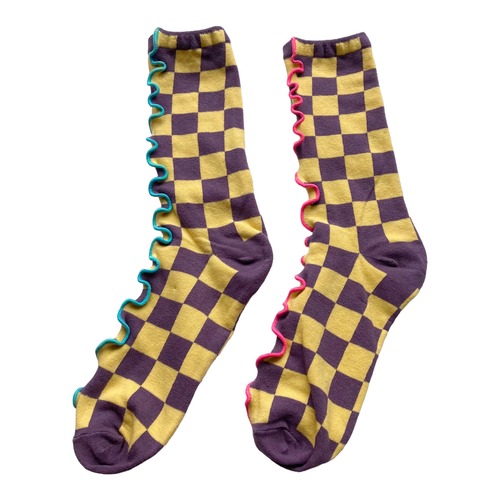 【solmu×HITOTSUDAKE】mellow block check socks（イエロー×パープル）solmuブルー×ネオンピンク