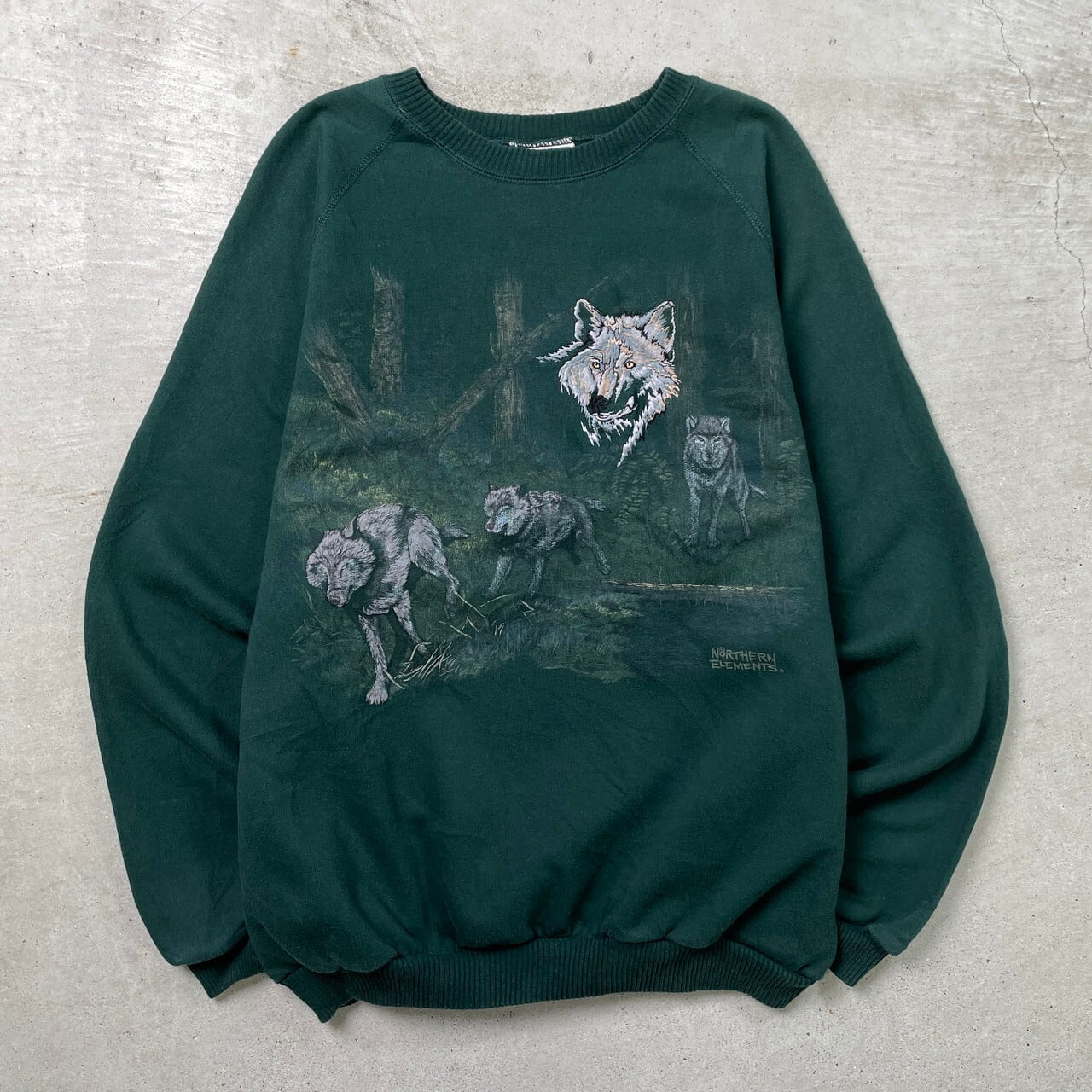 90年代 カナダ製 NORTHERN ELEMENTS オオカミ アニマル刺繍 スウェット 