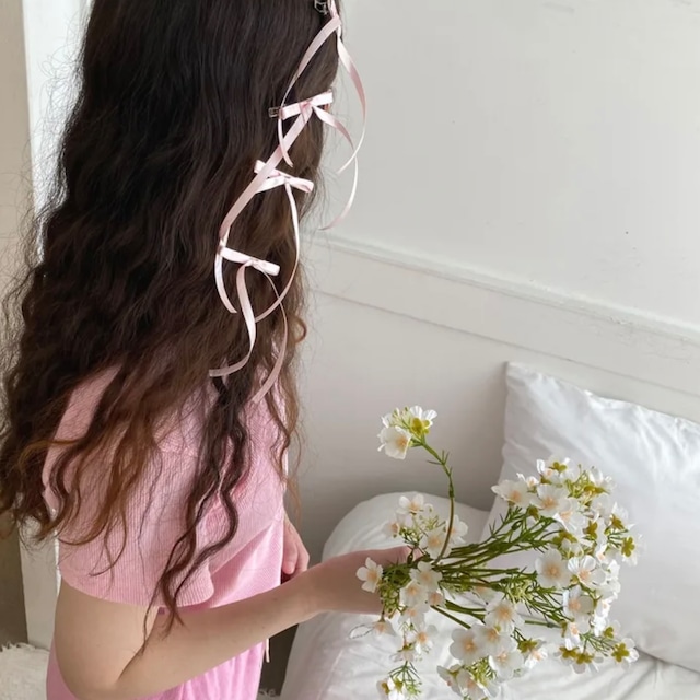 【韓国人気】y2k ribbon mini barrette (long) 2pics set 3colors / リボン ミニ バレッタ ヘアクリップ サテン 韓国雑貨