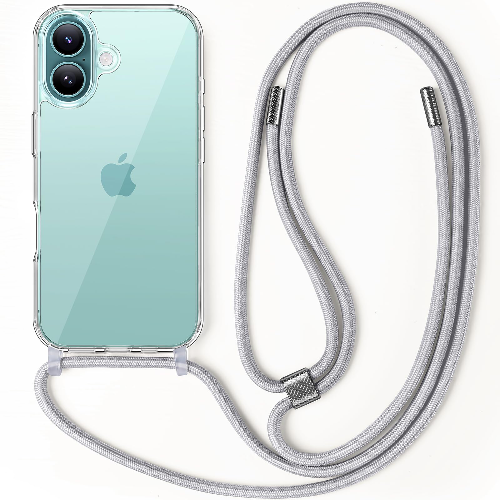 Aunote 対応 いiPhone16 ケース 紐付き 織りストラップ付き ネックストラップ ショルダー長さ調整可能 クリア+グレー ショルダース
