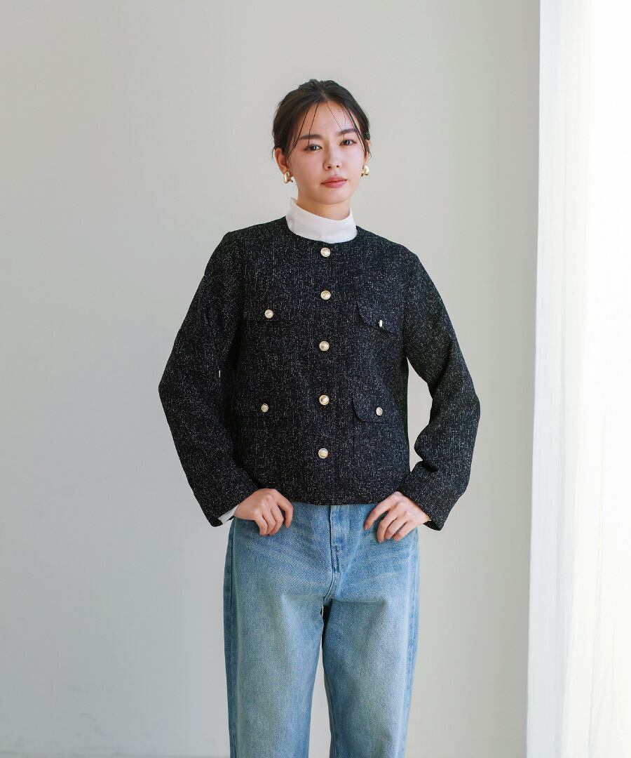 未使用タグ付き N. エヌドット ツイード ジャケット ノーカラー フォーマル SALE 30％OFF】【 きちんと華やぐ 】 ミックスカラーツイード・ノー