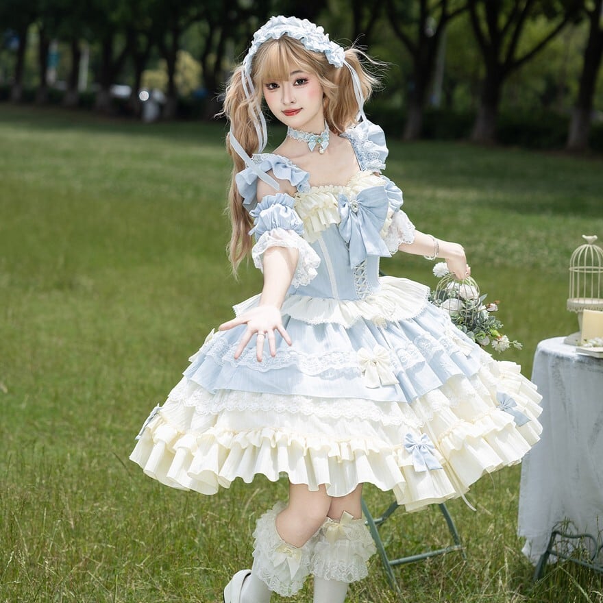 ロリータファッション 甘ロリ 水色×生成りリボン多段フリルJSKセット