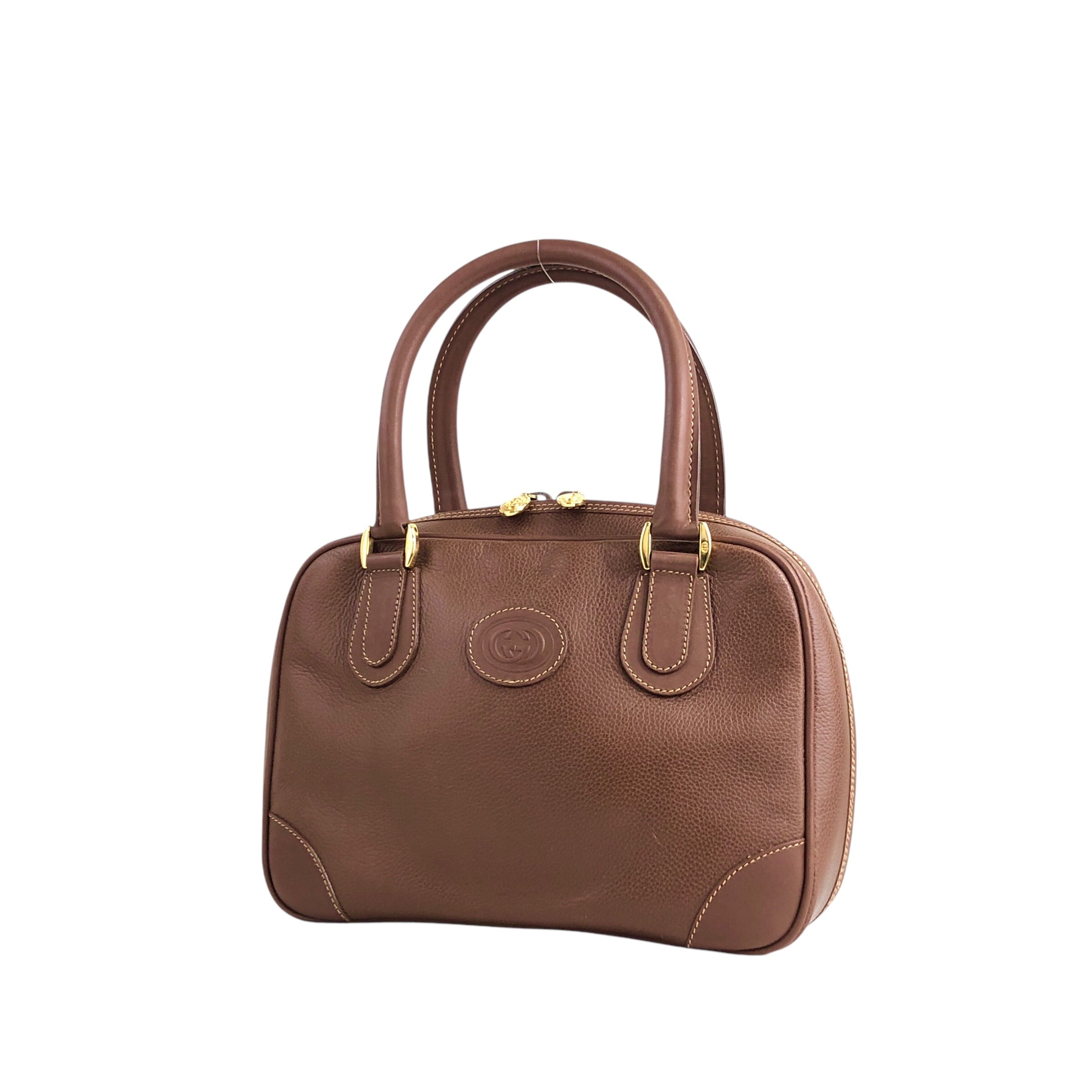 GUCCI グッチ ハンドバッグ ブラウン ロゴ型押し レザー ミニボストン