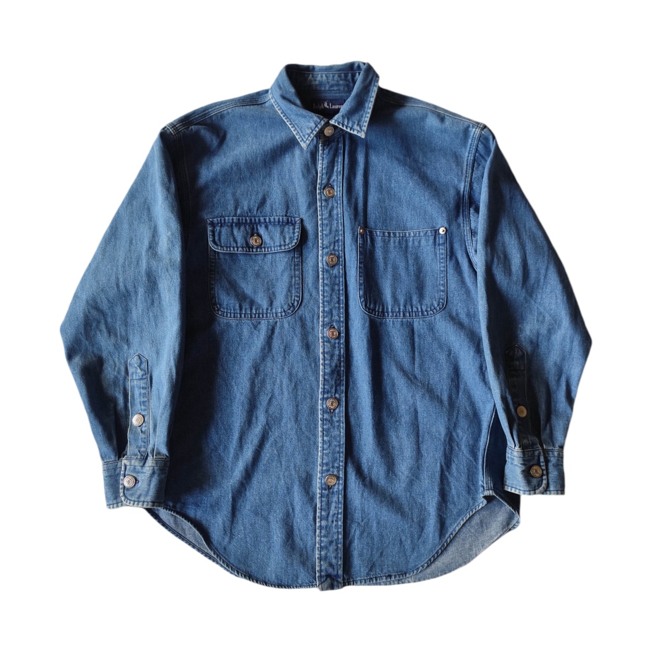 レア Ralph Lauren ラルフローレン メタルボタン リベット デニムシャツ ジャケット S インディゴ 実寸M~L相当 香港製