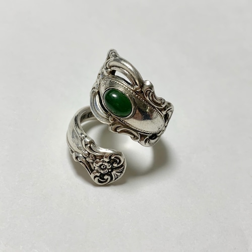 Vintage Sterling Spoon Ring With Nephrite Cabochon