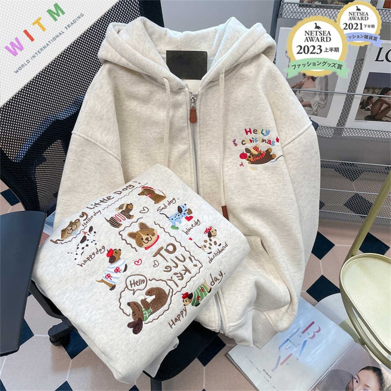 2025新作 パーカー 犬柄 長袖 裏起毛 刺繍 かわいい 体型カバー 着回し