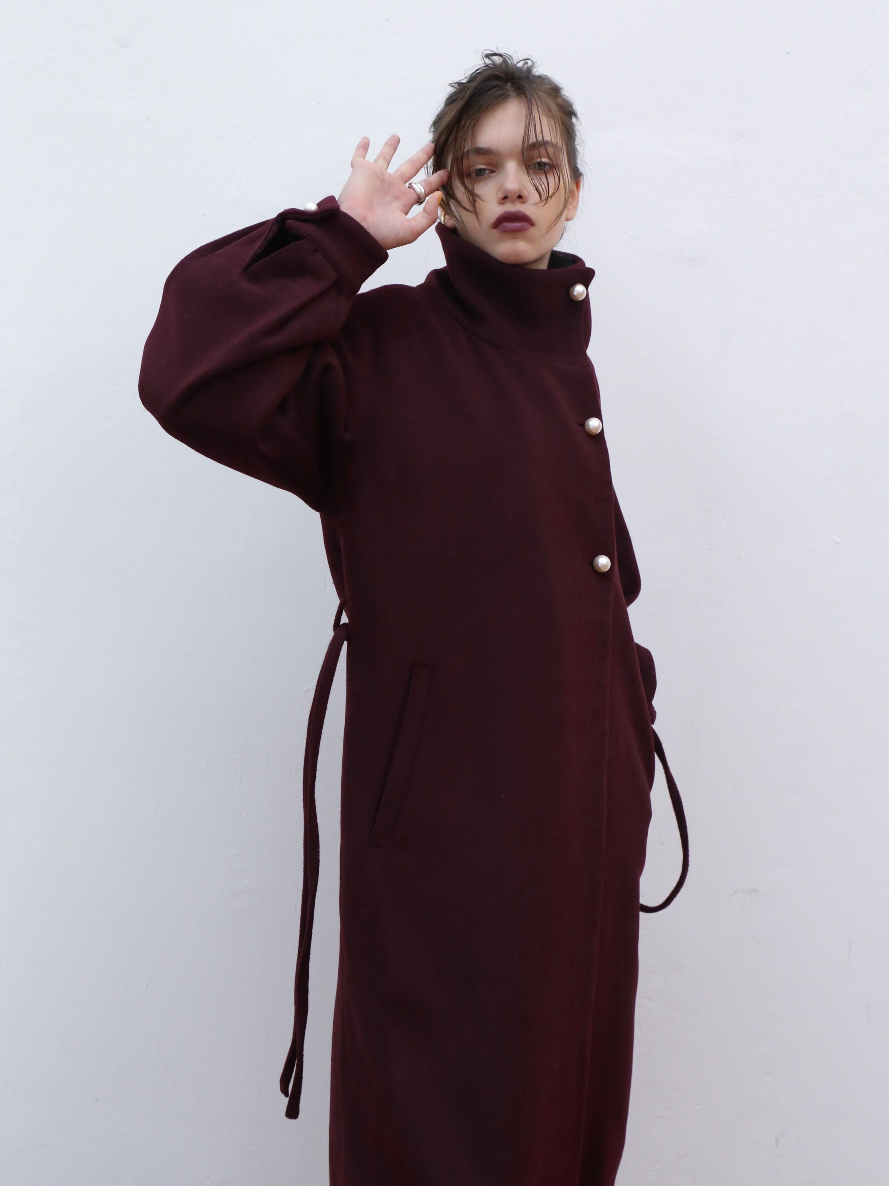 Cara  stand collar peal wool coat