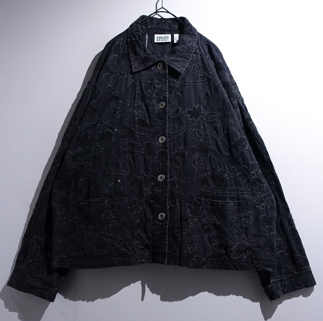 90s "CHICO'S" Black Botanical Embroidered Denim Jacket