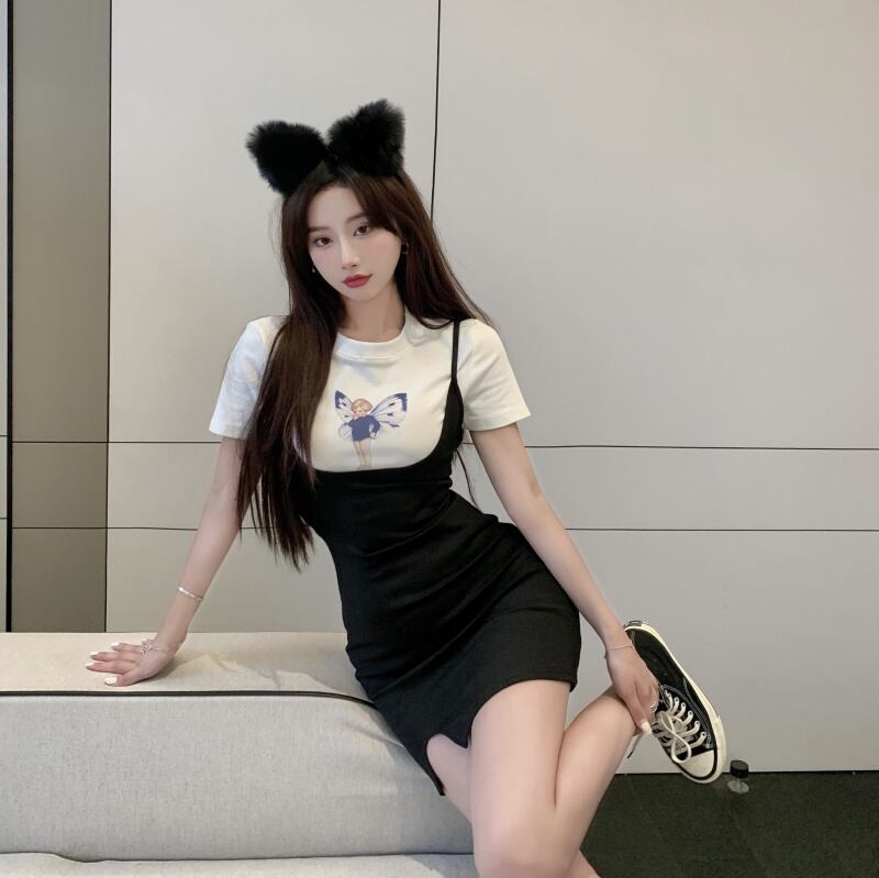 ブラックドレス サマースリムスリットショートスカート 夏物 ブラックストロベリース6190012149