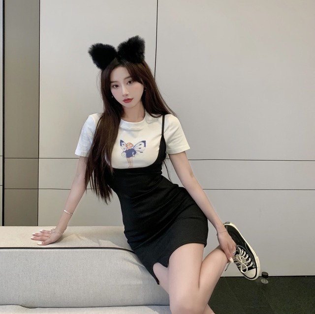 ブラックドレス サマースリムスリットショートスカート 夏物 ブラックストロベリース6190012149