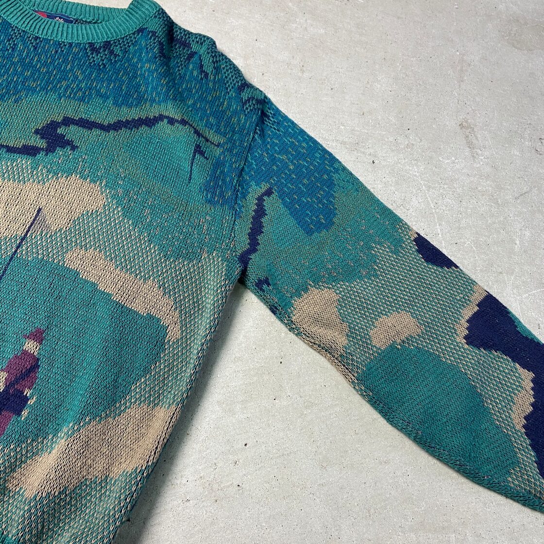 90年代 USA製 ISLE OF COTTON ゴルフ 総柄 コットンニットセーター 