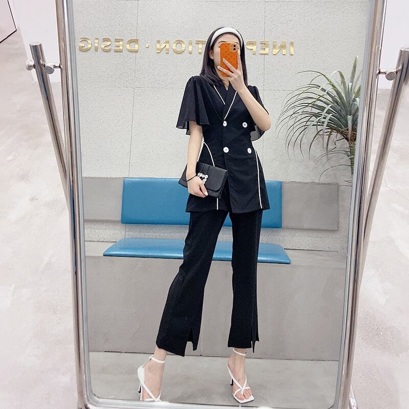 ダブルブレストシフォンスリーブジャケット ウェストパンツ セット レッド 大きめサイズ ミックスインファッション70431518270