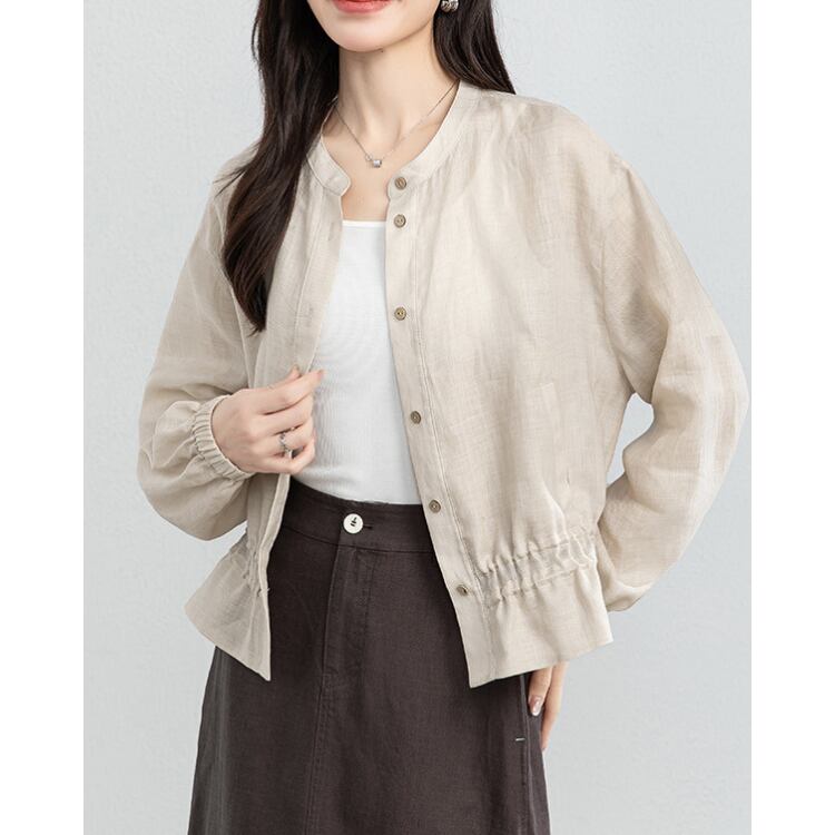 Linen Stand Collar Sheer Shirt Lightweight Summer Blouse 2Colors 2604030