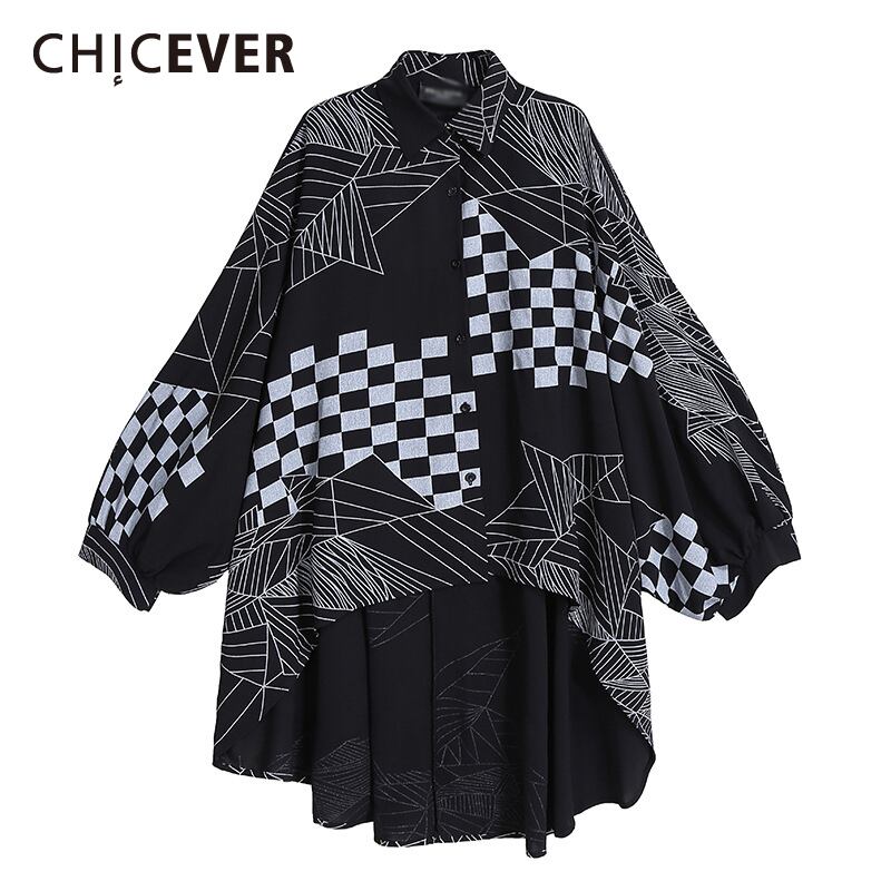 CHICEVERブラックロングシャツレディースラペルバットウィングスリーブプリントヒットカラーオーバーサイズストリートウェアブラウス2021秋 6base571194694467