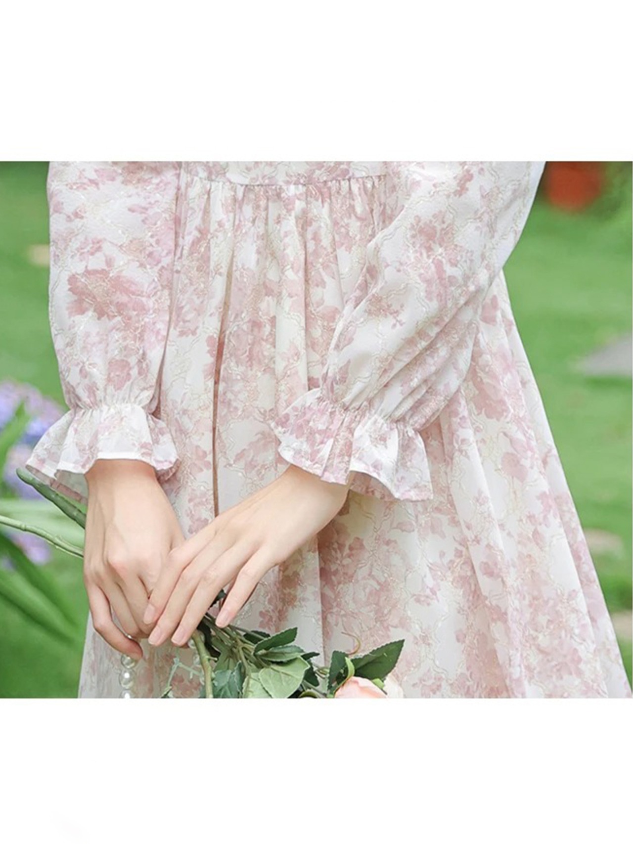 【0264】Pink Flower Ribbon Long Sleeve Dress