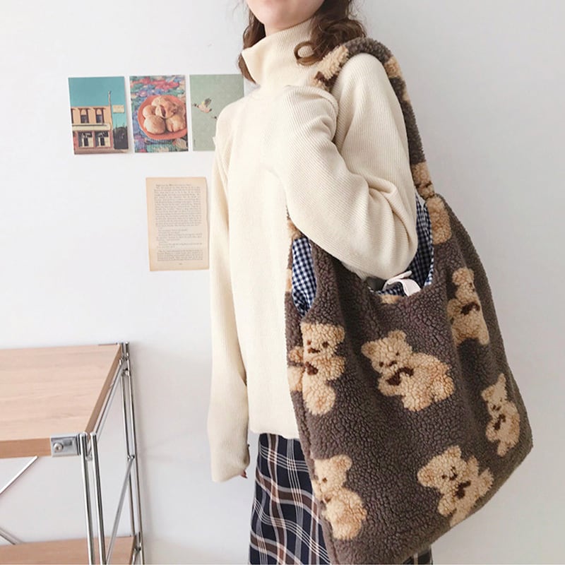 テディベアモコモコトートバッグ エコファー ボア くま エコバッグ 大