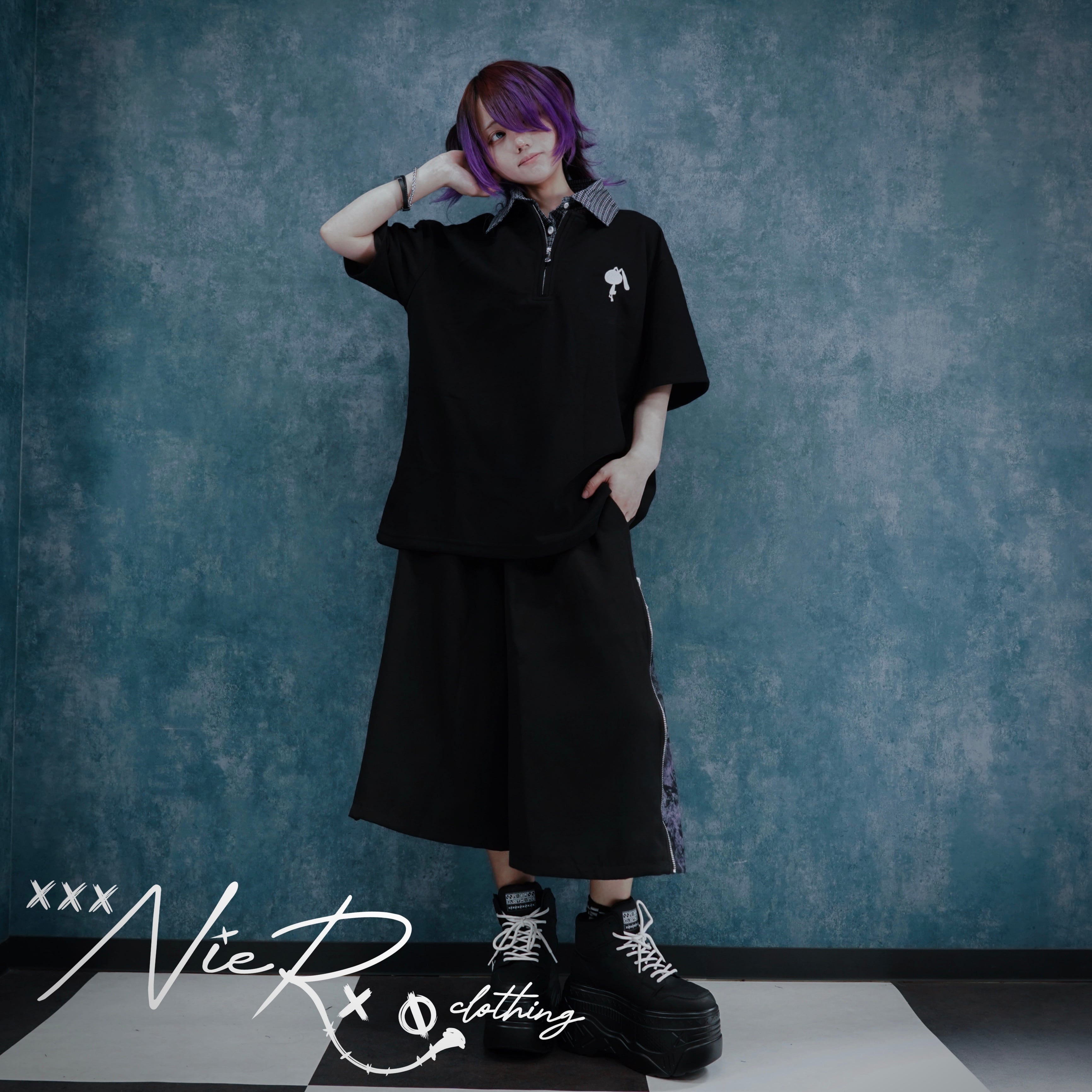 CHECK COLLAR FAKE LAYERED HALF ZIP TOPS【BLACK】 | NIER CLOTHING