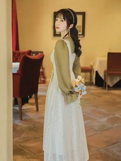 【0139】Waist Ribbon Cottage Style Long Sleeve Dress