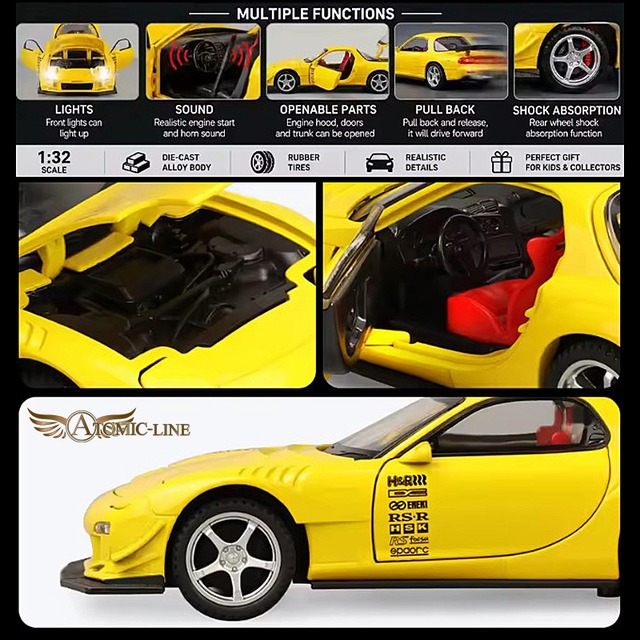 マツダ RX-7 FD3S 1/32 ミニカー 全3色 ライト点灯 エンジンサウンド 合金モデル 模型 イニシャルD ジオラマ