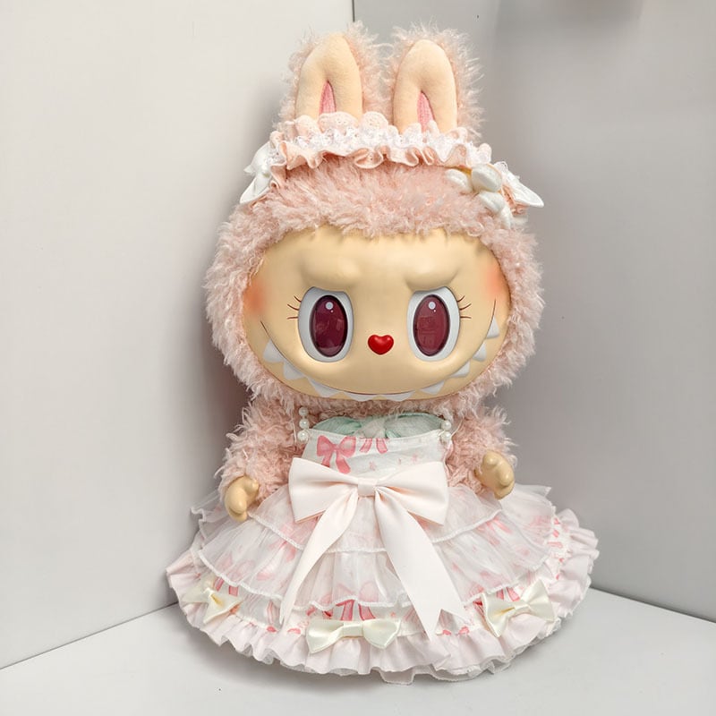 38cm Labubu用 プリンセス リボン柄ワンピース+ヘアアクセサリー+靴