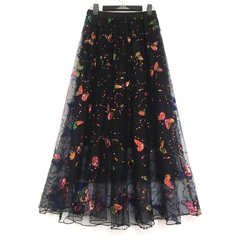 シャイニーバタフライ スパンコース刺繍スカート M25176 | 奇妙な洋装