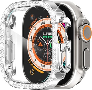【人気】Apple Watch Ultra 3/2/Ultra 1 ケース(2025/2024/2023/2022 49mm)対応 apple watch ultra カバー 本体 ダブルダイヤモンド ガラスフィルム付 超薄型 PC+ガラス素材 高透過率 キズ防止 簡単に取り付け・取 全面保護 アップルウォッチ ウルトラ2 カバー(PC+保護フィルム ・シルバー)