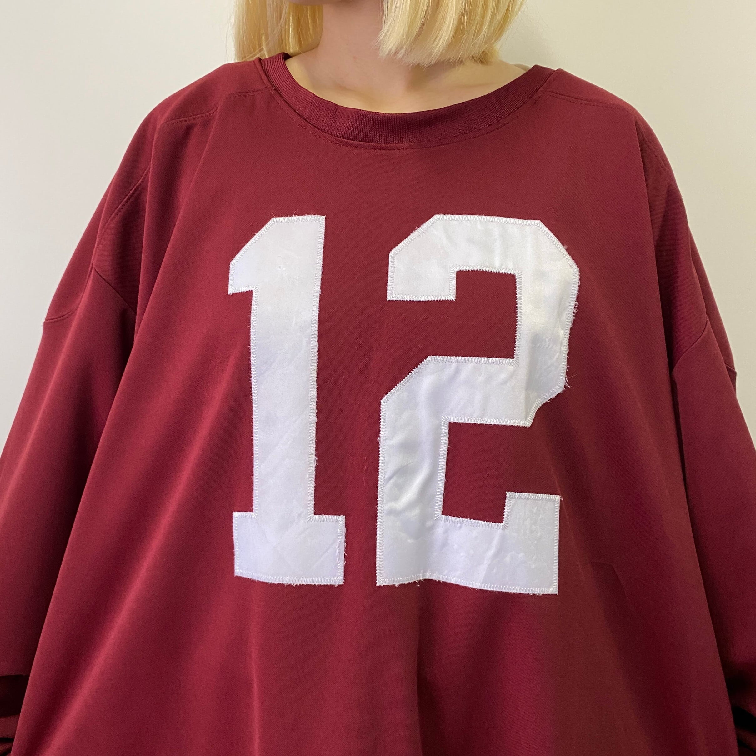 スーパービッグサイズ mitchell & ness ミッチェルアンドネス NFL ニューヨークジェッツ NAMATH＃12 長袖 ゲームシャツ  メンズ4XL相当 古着New York Jets レプリカユニフォーム アメフト ワッペン ナンバーリング えんじ 赤色