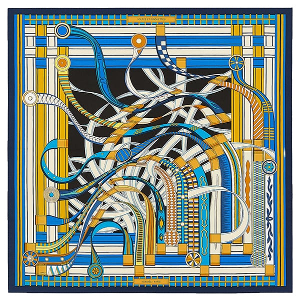 New HERMES エルメス カレ90 スカーフ ヴォルトエピルエット マリン ゴールド クレーム 新品